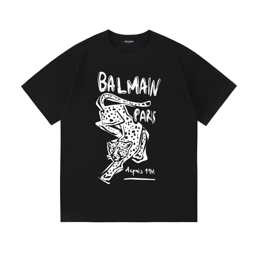 BALMAN Balman 2026 Early Spring New Arrival Leopard Letter Logo Men's and Women's Same Style Short Sleeve T-shirt Customized 100% double yarn pure cotton fabric Custom dyed 32 double-strand threads Kangji digital direct printing technology Collar label, hangtag, main mark and three labels complete Color: Black Size: XS S M L